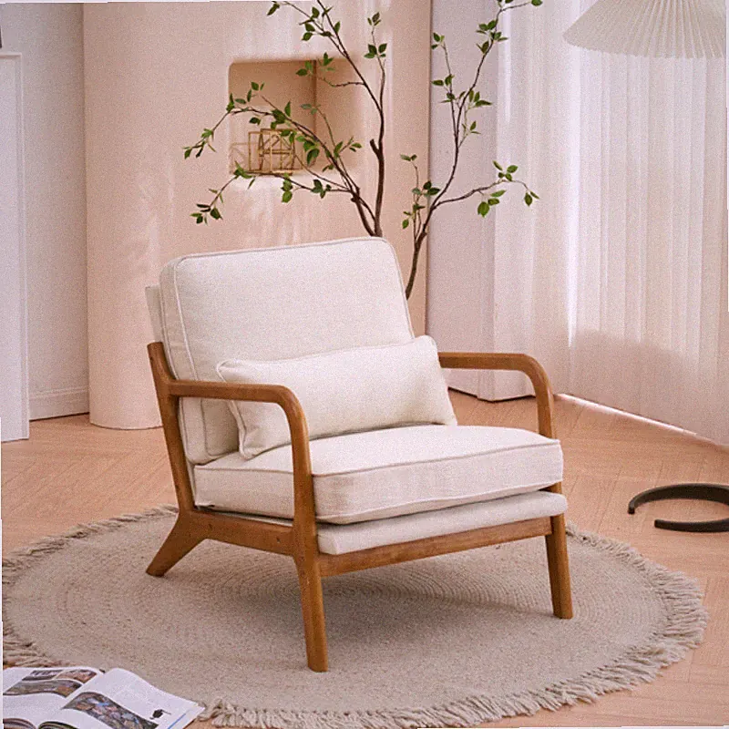 Armrest Oak Upholstered Single Lounge Chair Indoor Lounge Chair Off-White