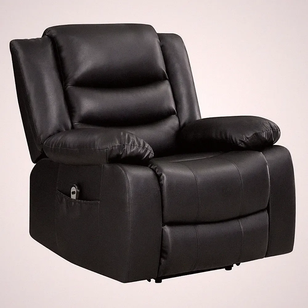 Carry 39 Inch Power Lift Recliner Chair- Black Faux Leather- Solid Wood