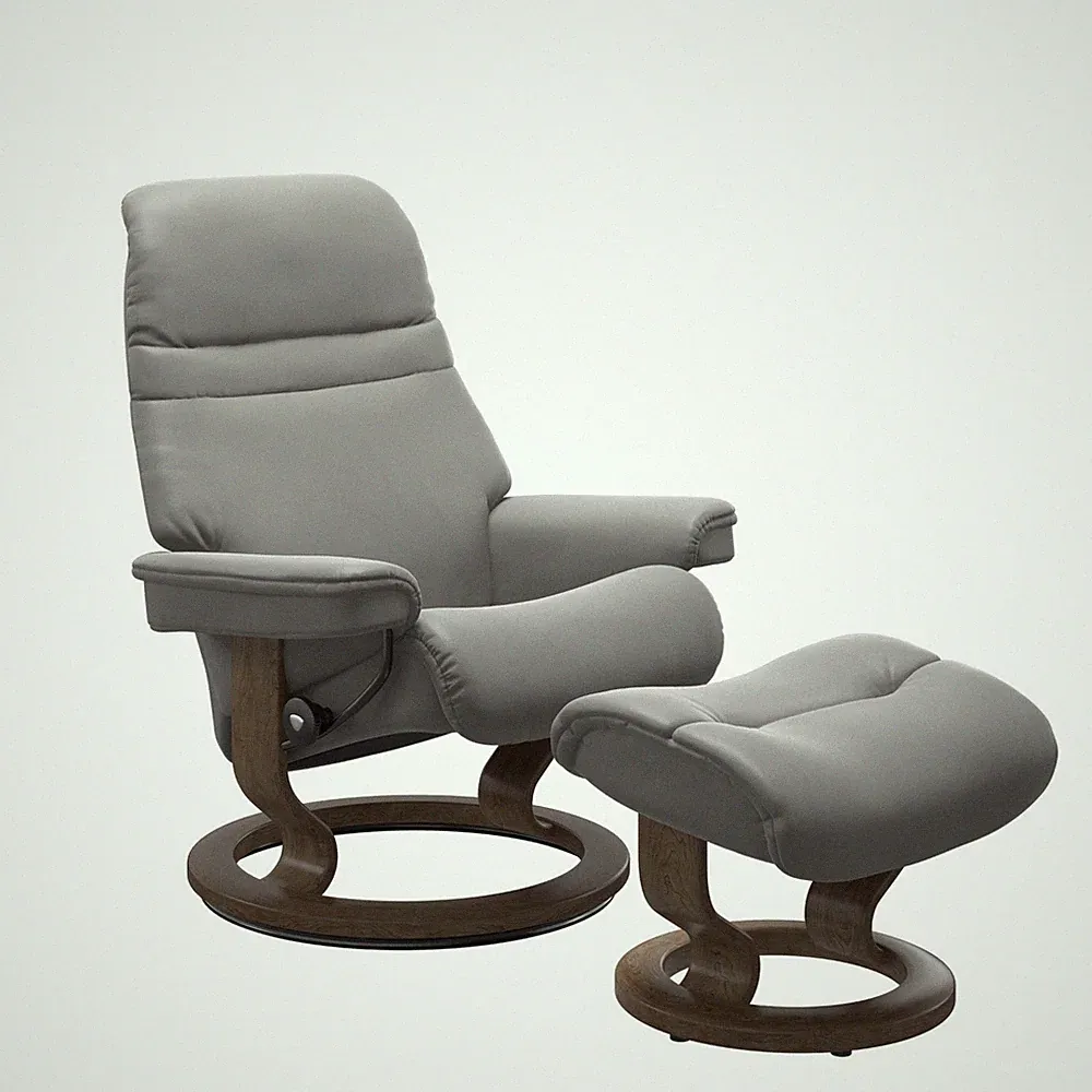 Ekornes Sunrise Small Recliner & Ottoman Paloma Silver Grey Smoked Oak Brand New