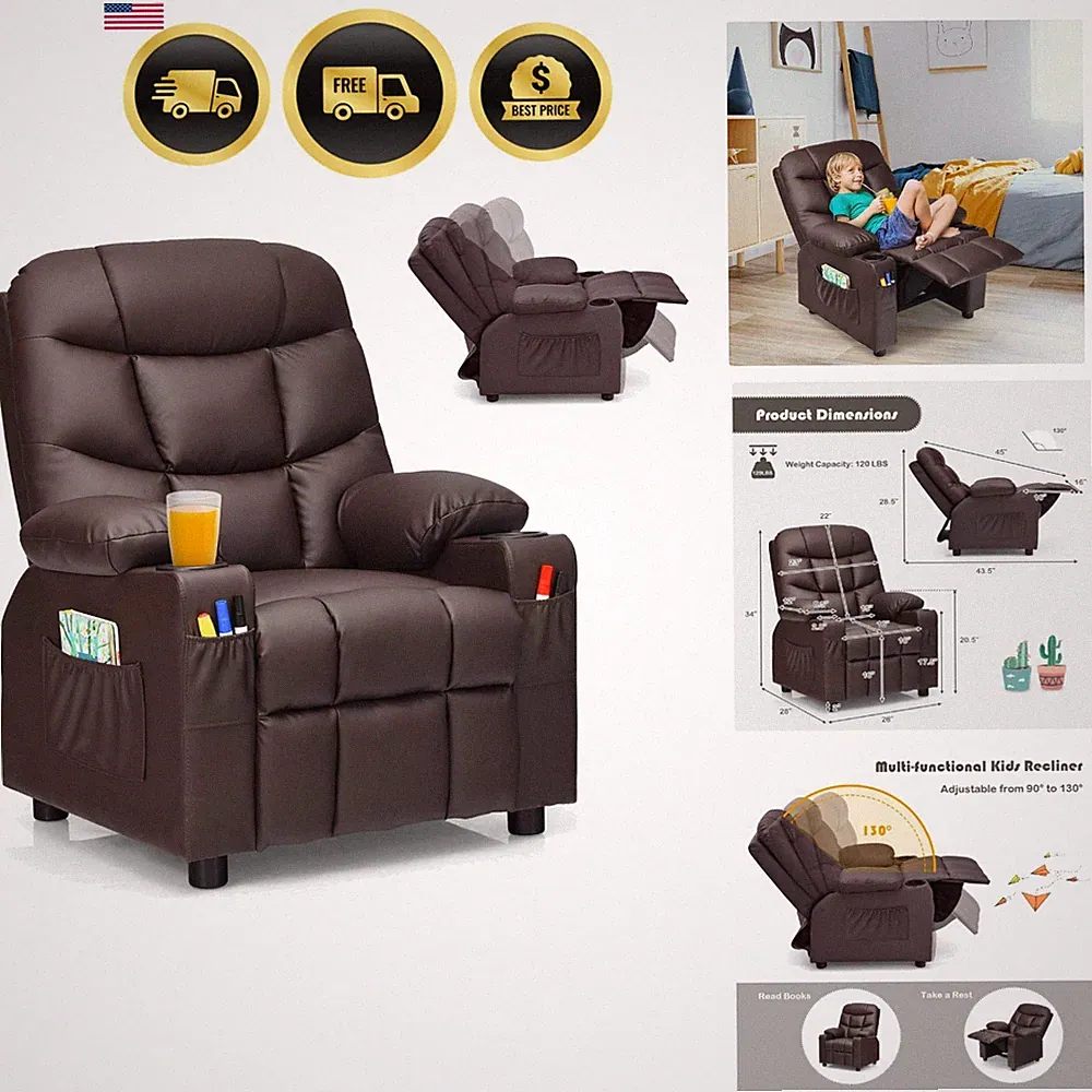 Kids Recliner Chair with Cup Holder, Adjustable Leather Lounge Chair w/Footre...