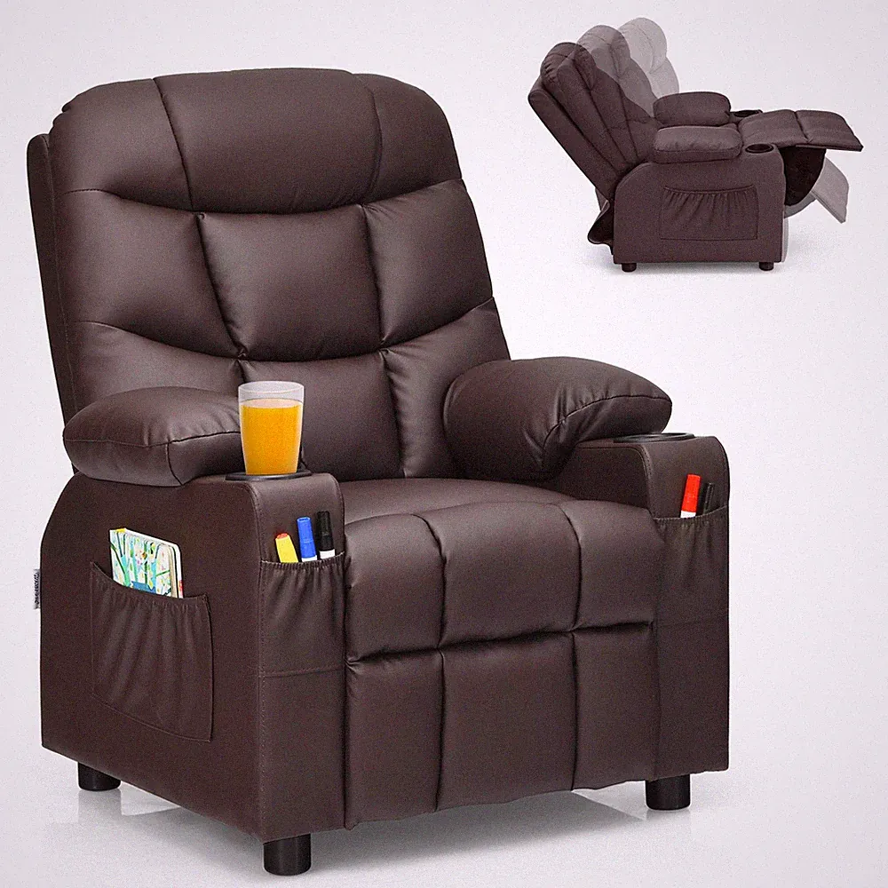 Kids Room Recliner Chair with Cup Holder and Footrest Brown Leather