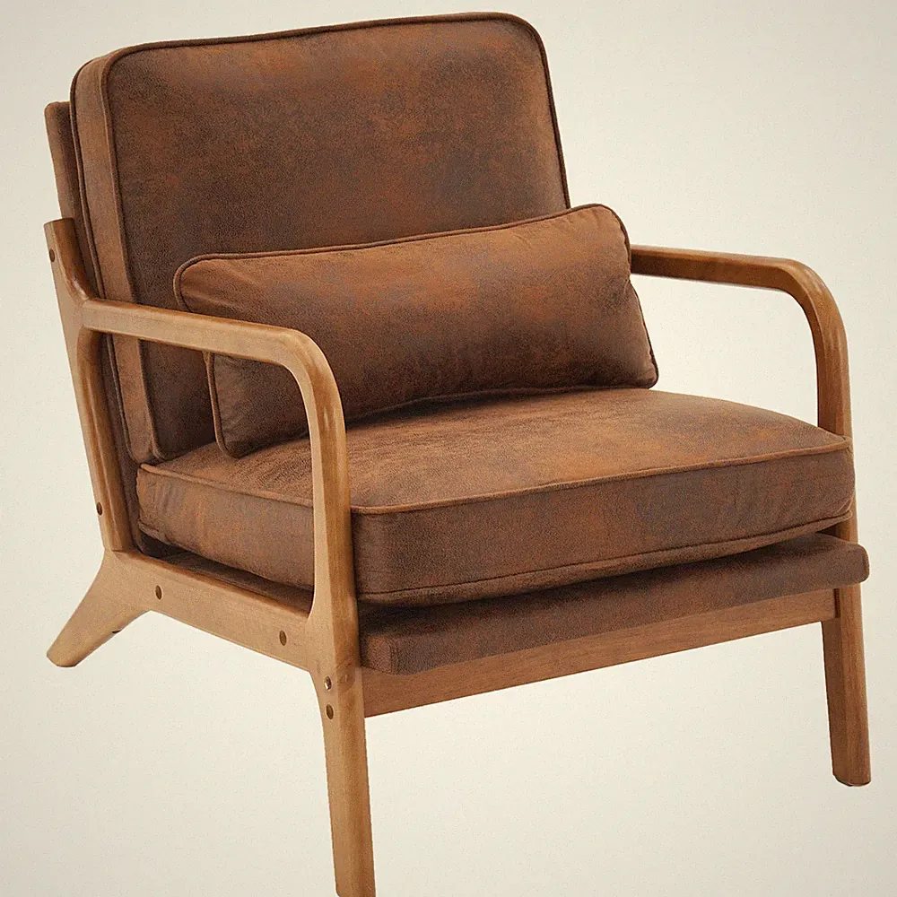 Mid-Century Modern Oak Wood Armchair Upholstered Lounge Chair Orange Indoor