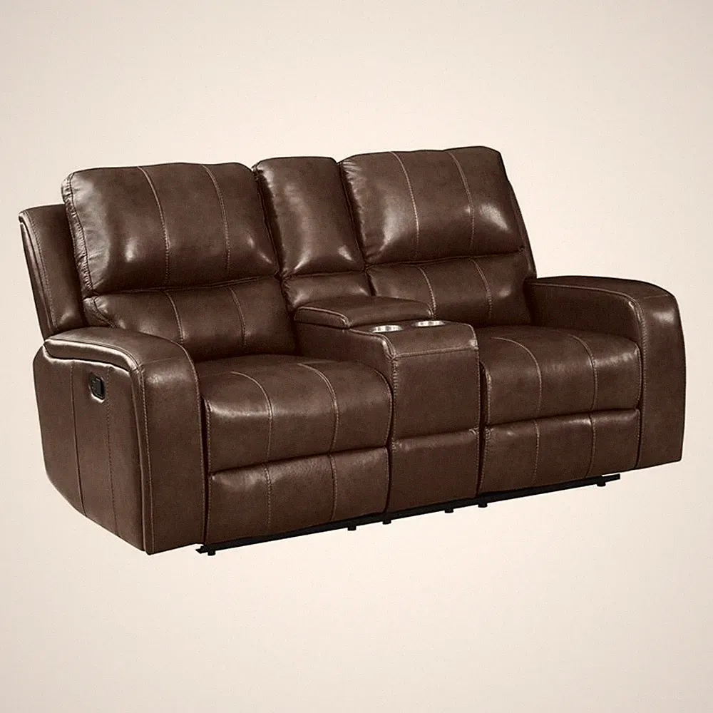 Pemberly Row Leather Console Loveseat with Dual Recliners in Brown