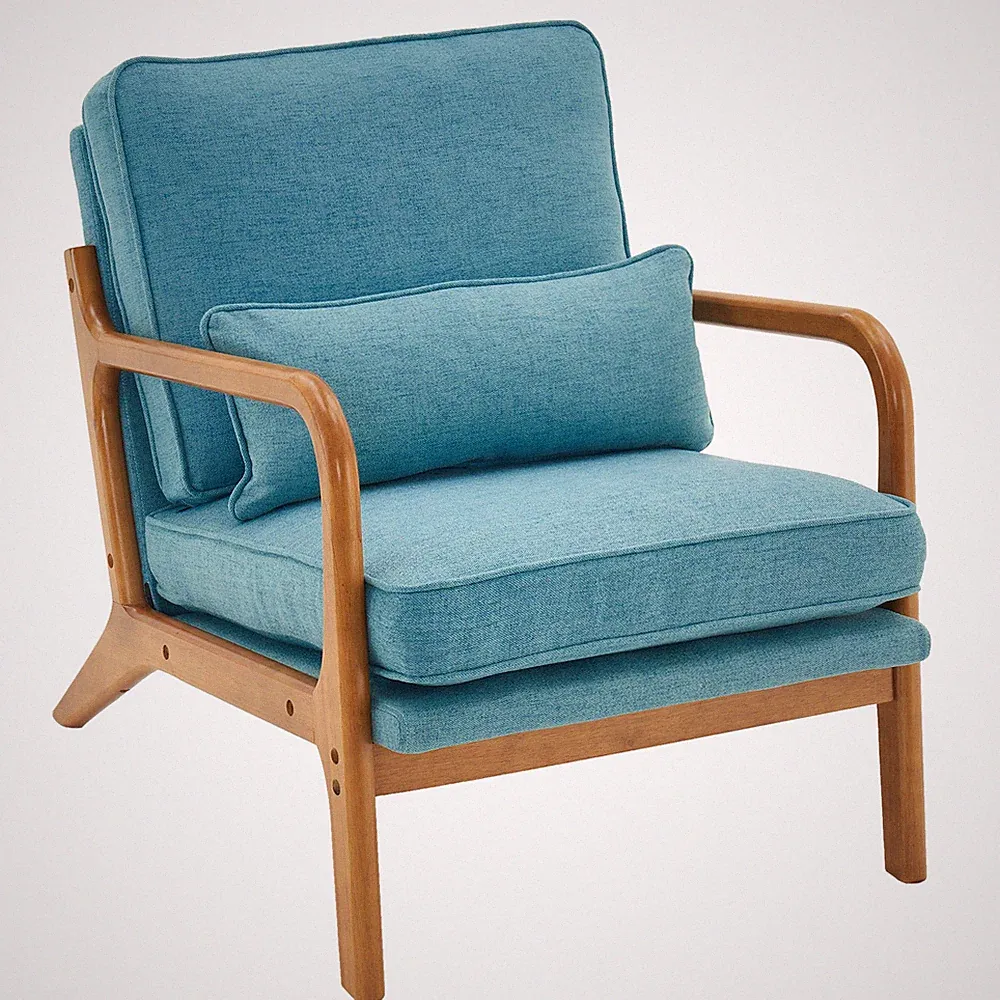 Teal Oak Armrest Lounge Chair w/ Upholstered Seat, Indoor Single Chair